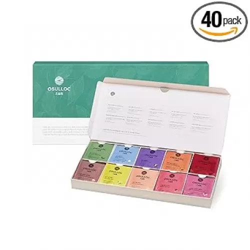 OSULLOC Premium Tea Collection (40 count, 10 flavors x 4 ea), Assorted Tea bag Sampler, Tea Gift sets for Tea lover, Self Care Gift Box, Premium Organic Pure & Blended Tea from Jeju