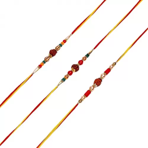 Pack of 3 Traditional Rudraksha Rakhi Set for Brothers | Handcrafted Rakhi with Beads, Pearls & Sacred Rudraksha | Raksha Bandhan & Bhaidooj Gift for Men