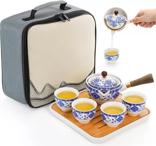 Peohud Porcelain Chinese Gongfu Tea Set with 360° Rotation, Portable All-in-One Gift Set for Travel, Home, Office, Gifting, Teapot, Cups and Tray Included