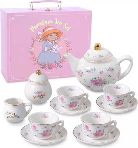 Porcelain Tea Set for Girls - White & Floral Tea Party Set for Kids I Complete Children Tea Sets with Carry Case, Teapot, Cups and More, Birthday Gift for Little Girls & Toddlers