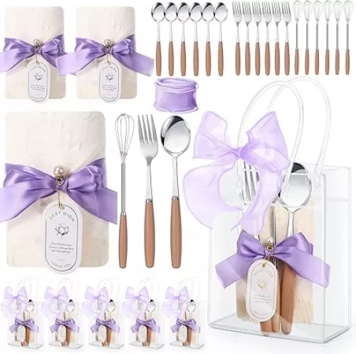 Preboun 6 Set Baby Shower Prizes for Games Winners Kitchen Utensils Set Spoons Fork Whisk Towel Gift Bag Ribbon Baking Gifts for Guests Games Prize Baby Shower Wedding Bridal Favors(Purple)
