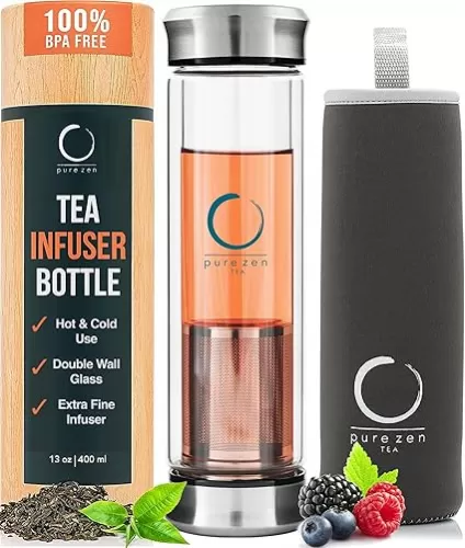 Pure Zen Tea Tumbler with Infuser - Double Wall Glass Travel Mug with Stainless Steel Filter - Leakproof Tea Infuser Bottle for Loose Leaf Infusions and Fruit Infused Water - Unique Gift Set - 13 oz