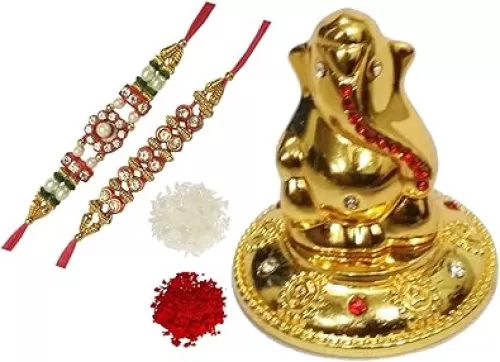 Purpledip Bhai Dooj Rakhi Gift Set: Golden Ganesha Statue with Glittering Gems, 2 Designer Rakshabandhan Bracelets, Roli Chawal Tika (rakhi66)