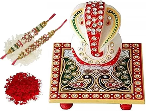 Purpledip Bhai Dooj Rakhi Gift Set, Marble Ganesha, Set Of 2 Rakhis & Auspicious Roli Chawal Tika (Rakhi1a)