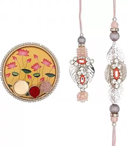 Rakhi Bhai Bhabhi Rakhi Lumba Set Bracelet Dora Pack Set of 2 Couple Set Puja Thali MDF Plate Kumkum Platter and Tea Light Holder Gift Card for Brother Sister Raksha Bandhan Festival (Plate Size:-6")