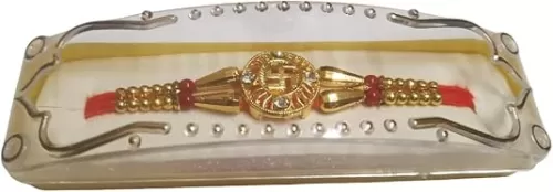 Rakhi for Brother – Premium Handmade Swastik Design Rakhi Gift Set | Bhaiya Bhabhi Traditional Kundan Floral Rakhee, Red beaded Thread, Pearl & Stone Embellishments | Rakshabandhan Bro Sister Bracelet