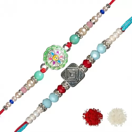 Rakhi for Brother and bhabhi | Set Of 2 Rakhi With Roli Chawal and Greeting Card | Rakshabandhan Gift Set