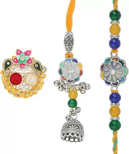 Rakhi For Brother Set of 2 Rakhi Lumba Set for Bhai Bhaiya Veera Thread Bracelet Dora for Rakhee gift Card pack with Tilak Holder Copra Kumkum Plate Platter for Indian Traditional Festival(Yellow)