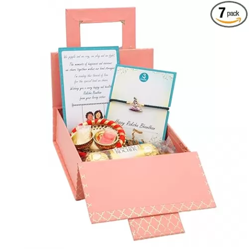 Rakhi Gift Box | Devine Rakhi Hamper with Elegant Krishna Rakhi Bracelet, Roli, Chawal, Mini Thali Set, A Chocolate, And A Greeting Card (Krishna Rakhi Gift Box)
