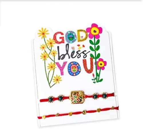 Rakhi Set of 2 for Brother – God Bless You Greeting Card with Enamel Floral Rakhi & Red Charm Thread Rakhi – Raksha Bandhan Rakhies Pack