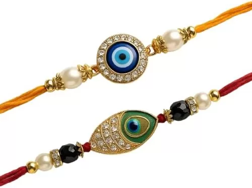 Raksha Bandhan Gift – Premium Evil Eye & Peacock Rakhi Set for Brother | With Roli Chawal, Greeting Card & Pouch | Handmade Designer Rakhi Combo | Fast US Delivery