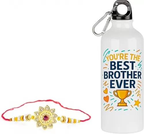 Raksha Bandhan Gift Set with Water Bottle and Rakhi, Best Brother Design, Stainless Steel, White