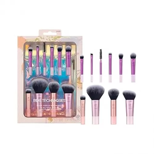 Real Techniques 11 Piece Travel Fantasy Mini Brush Set, Travel Size Makeup Brushes For Foundation Eyeshadow, Powder, Blush, Contour, & Concealer, Makeup Bag Included, Gift Set, Cruelty-Free