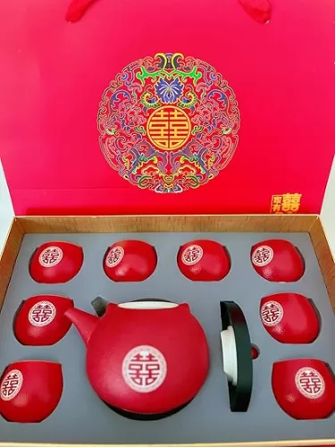Red Chinese Wedding Tea Set - Traditional Ceramic Double Happiness Tea Ceremony Set with 1 Teapot, 8 Teacups, Gift Box - Chinese Tea Set for Engagements, Bridal Showers and Couples