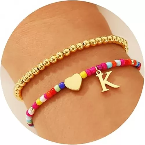Ritach Colorful Initial Bracelets for Girls Women - Real Gold Plated Stretchable Beaded Bracelets Cute Heart Initial Bracelets for Girls Stackable Bracelets for Women Teen Girl Gifts