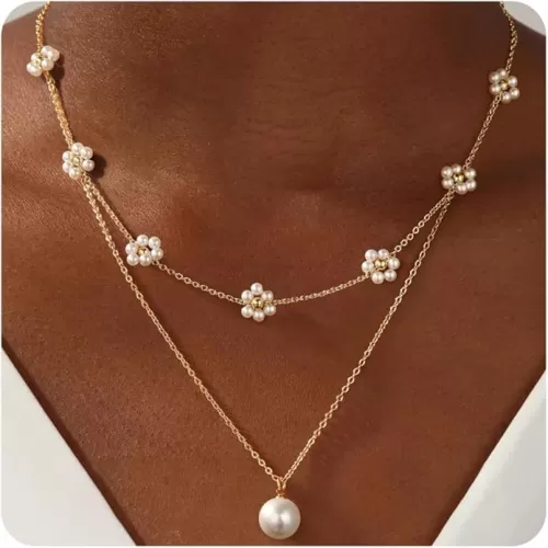 Ritach Pearl Necklaces for Women - Real Gold Plated Dainty Choker Necklace Layered Gold Necklace Set Daisy Round Drop Pearl Necklaces for Women Teens Bridesmaid Wedding Gifts