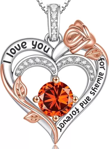 Rose Heart Necklaces for Women, I Love You S925 Sterling Silver Jewelry Gift for Women, Wedding Anniversary, Birthday Mother’s Day Gifts for Mom, Mother, Wife, Girlfriend with Birthstone Pendent Necklace