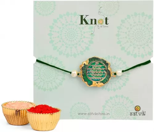 Satvik 1 Pc Green Agate Stone Rakhi with Gayatri Mantra - Rakhi for Bro and Bhabhi | Combo Gift Set For Brother with Roli Chawal, Greeting Card, Sticker| Brother Bhai Bro Raksha Bandhan Rakhee Set