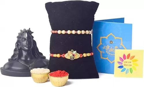 SATVIK 2 Pc Rakhi With Adiyogi Idol | Bhaiya Bhabhi Rakhi Set for Brother and Bhabhi | Rakhi Combo Gift With Roli Chawal, Greeting Card, Sticker | Raksha Bandhan Rakhi for Men, Women, Bhai, Bhatija