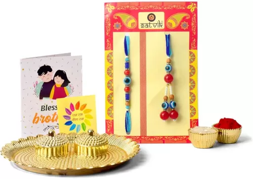 SATVIK Couple Rakhi: Bhaiya Bhabhi Rakhi Set with Kumkum Holder Thali, Roli Chawal, Greeting Card, and Soun Stickers - Celebrate Raksha Bandhan with Elegance and Tradition