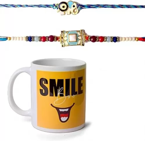 SATVIK Rakhi Gift Set for Brother – 2 Designer Rakhis with Coffee Mug, Roli Chawal, Greeting Card & Raksha Bandhan Stickers – Raksha Bandhan Gift Box for Bhai