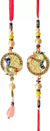 SATVIK Serene Beaded Bhaiya Bhabhi Rakhi Set | Elegant Raksha Bandhan Gift for Brother & Sister-in-Law | Couple Rakhi with Kumkum Holder Thali, Roli Chawal, Greeting Card & Ram Sita Stickers
