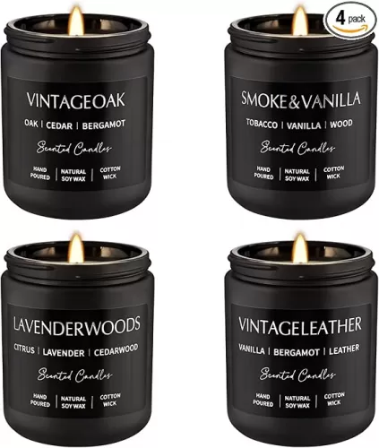 Scented Candles Gift Set - 4 Pack (7oz Each) Soy Wax Aromatherapy Candles with Essential Oils, Smokeless - Leather & Smoke, Vanilla Oakmoss, Lavender for Office, Gifts