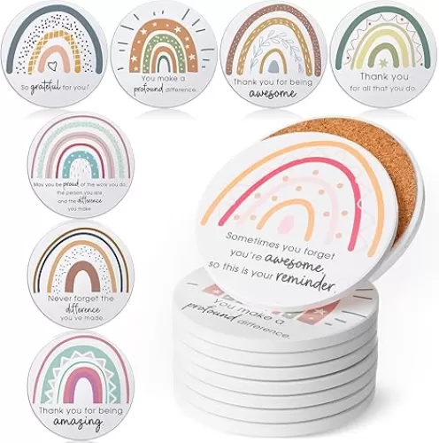 Set of 24 Thank You Appreciation Coasters Set, Ceramic Absorbent Drinks Coasters with Cork, Water Absorbent Cute Cup Mat Gifts for Teacher Employee(Fresh Style, Set of 24)