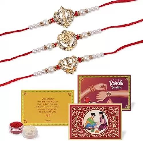 Set of 3 Rakhi For Brother with Gift Set with 3 Cards, Roli Chawal | Rakhi for Bhabhi | Rakhi Hamper For Brother | Bhaiya Bhabhi Rakhi | Punjabi Rakhi