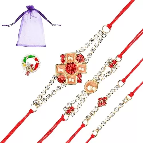 Set of 4 Rakhi for Brother Bhabhi Bhatija Bhaiya Bhai Raksha Bandhan Rakhi Thread with Roli Chawal Gift Pack