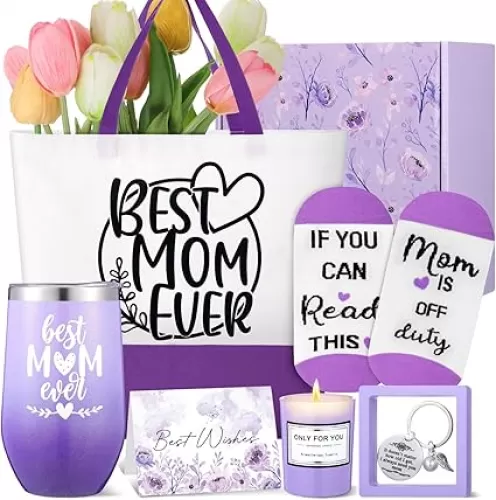 Sieral 7 Pcs Mothers Day Gifts Set for Mom Birthday Gifts Box for Women from Daughter Son Kids, Mom Basket with Canvas Tote Bag Tumbler Candle Sock Keychain Greeting Card Box