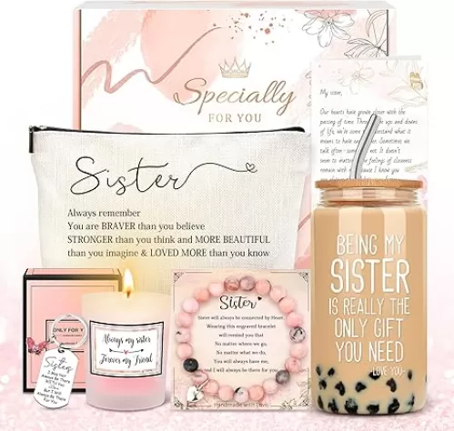 Sister Gifts from Sisters Birthday Gifts for Sisters Adult Best Sister Ever Gift Ideas for Women Cool Presents Set with Funny Glass Cup, Unique Makeup Bag, Scented Candle, Bracelet, Keychain, Card