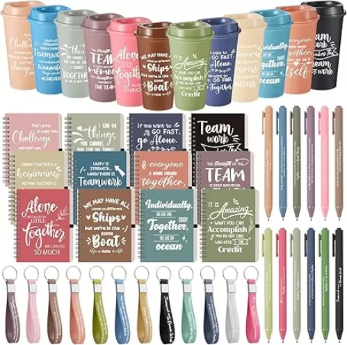 Skylety 48 Pcs Team Appreciation Gift Set Inspirational Employee Appreciation Gift Bulk Include Notebooks Pens 16 oz Cups and Silicone Keychains for Office Coworker Employees (Morandi Color)