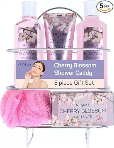 SpaLife Cherry Blossoms Gift Set - 5-Piece Bath and Shower Caddie, Bubble Bath, Shower Gel, Bath Salts, Body Lotion, Relaxing Luxury at Home Spa Experience, Perfect Mother