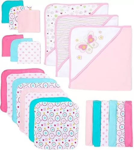 Spasilk Bath Hooded Towels & Washcloths Set for Babies, 23-Piece Gift Set, White Butterfly