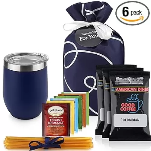 Tea and Coffee Lovers Gift Set - Includes Temperature Retention Cup, 3 Fresh Roasted Full Pot Ground-Coffee Samplers, 6 Special Blend Teabags & Honey Presented in Beautiful Gift Bag For Women & Men