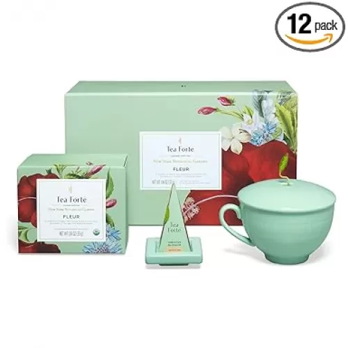 Tea Forte Fleur 3-Piece Premium Tea Gift Set with Pale Mint Green Cafe Cup with Lid, Tea Tray and 10 Assorted 2 of Each Variety Organic Handcrafted Pyramid Infuser Tea Bags