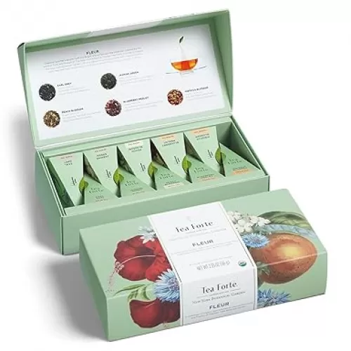 Tea Forte Fleur Petite Presentation Box Tea Gift Set Sampler, 10 Count, 2 of Each Variety Individually Wrapped Handcrafted Pyramid Infuser Bags
