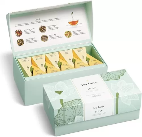Tea Forte Lotus Presentation Box Tea Gift Set Sampler, 20 Assorted Variety Handcrafted Pyramid Infuser Bags, Black, Green, Oolong, White, Herbal Blends