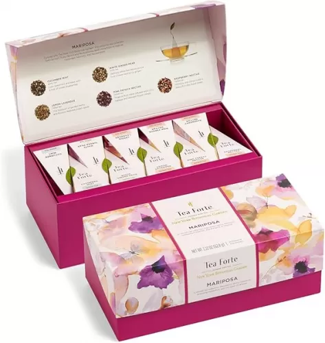 Tea Forte Mariposa Presentation Box Tea Gift Sampler, 20 Count, 2 of Each Variety Individually Wrapped Handcrafted Pyramid Infuser Bags