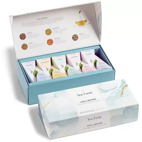 Tea Forte Wellbeing Organic Wellness Tea, Petite Presentation Box Tea Gift Set Sampler, 10 Count, 2 of Each Variety Individually Wrapped Handcrafted Pyramid Infuser Bags