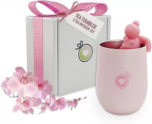 Tea Gift Set for Women - Pink Tea Tumbler with Infuser and Cute Silicone Tea Infuser Girl for Loose Leaf Tea, Ideal Gift for Tea Lovers, Set of 2