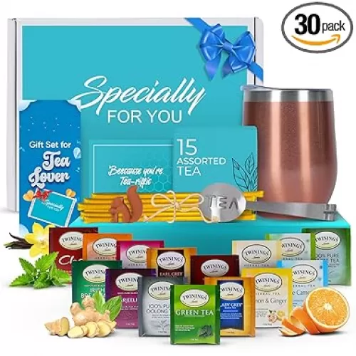 Tea Gifts for Women – Sampler Gift Basket with 15 Unique Blends, Honey Sticks, Stainless Tumbler & Gift-Ready Box (Teal)