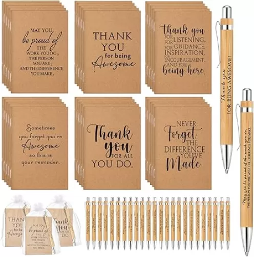 Teling 30 Sets Back to School Teacher Appreciation Gifts Include Thank You Notebooks Inspirational Bamboo Wooden Retractable Ballpoint Pen with Organza Bag Notebook Journal for Student Team