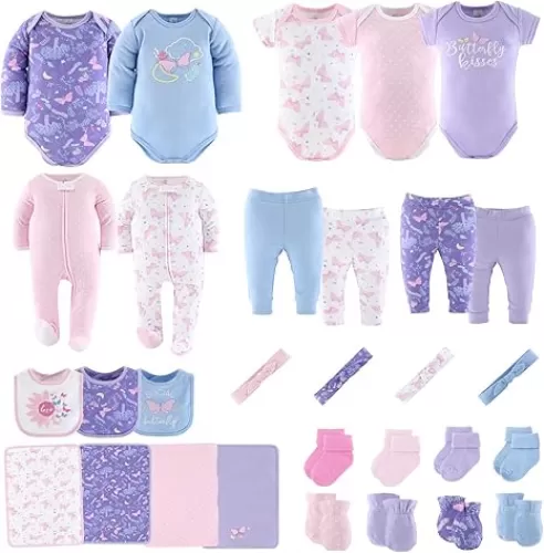 The Peanutshell Baby Layette Gift Set for Girls, Newborn Girl Gift Sets, Baby Clothes & Essentials, Purple Butterfly