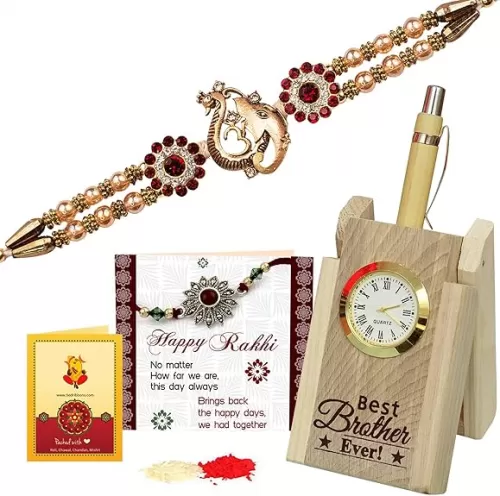 TIED RIBBONS Rakhi for Brother with Gift | Wooden Pen Stand with Pen | Rakshabandhan Card | Roli Tika - Designer Rakhi Bracelet for Brother Rakhi for Bhaiya | Bro Rakhi Thread | Rakhi Set for Brother
