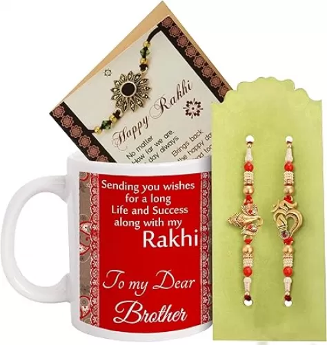 TIED RIBBONS Rakhi for Brother with Gift Set | Printed Coffee Mug (10 Oz) | Mini Card | Roli Tikka - Raksha bandhan Rakhi Set of 2