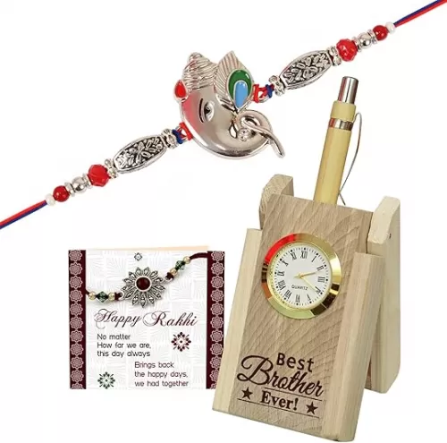 TIED RIBBONS Rakhi for Brother with Wooden Pen Stand Gift | Roli Tikka - Ganesh Rakhi Bracelet for Bhaiya