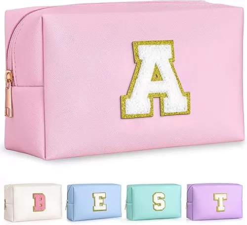 TOPEAST Initial Makeup Bag, Birthday Gifts for 4 5 6 7 8 9 10 11 12 Year Old Girls, Personalized Preppy Cosmetic Bag | Leather Toiletry Bag (Pink A)
