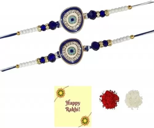 Traditional Rakhi for Brother with Greeting Card, Roli and Chawal – Raksha Bandhan Gift for Bhaiya Bhabhi | Evil Eye Rakhi (Set of2)